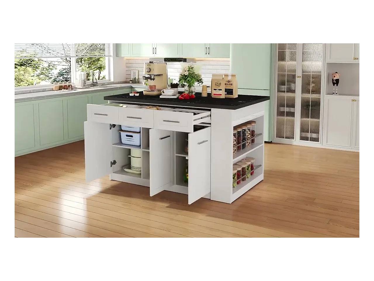 Ilot central de cuisine - avec 3 portes et 6 tiroirs - Plateau extensible - Étagères ouvertes - 2 à 6 personnes - Blanc+Noir