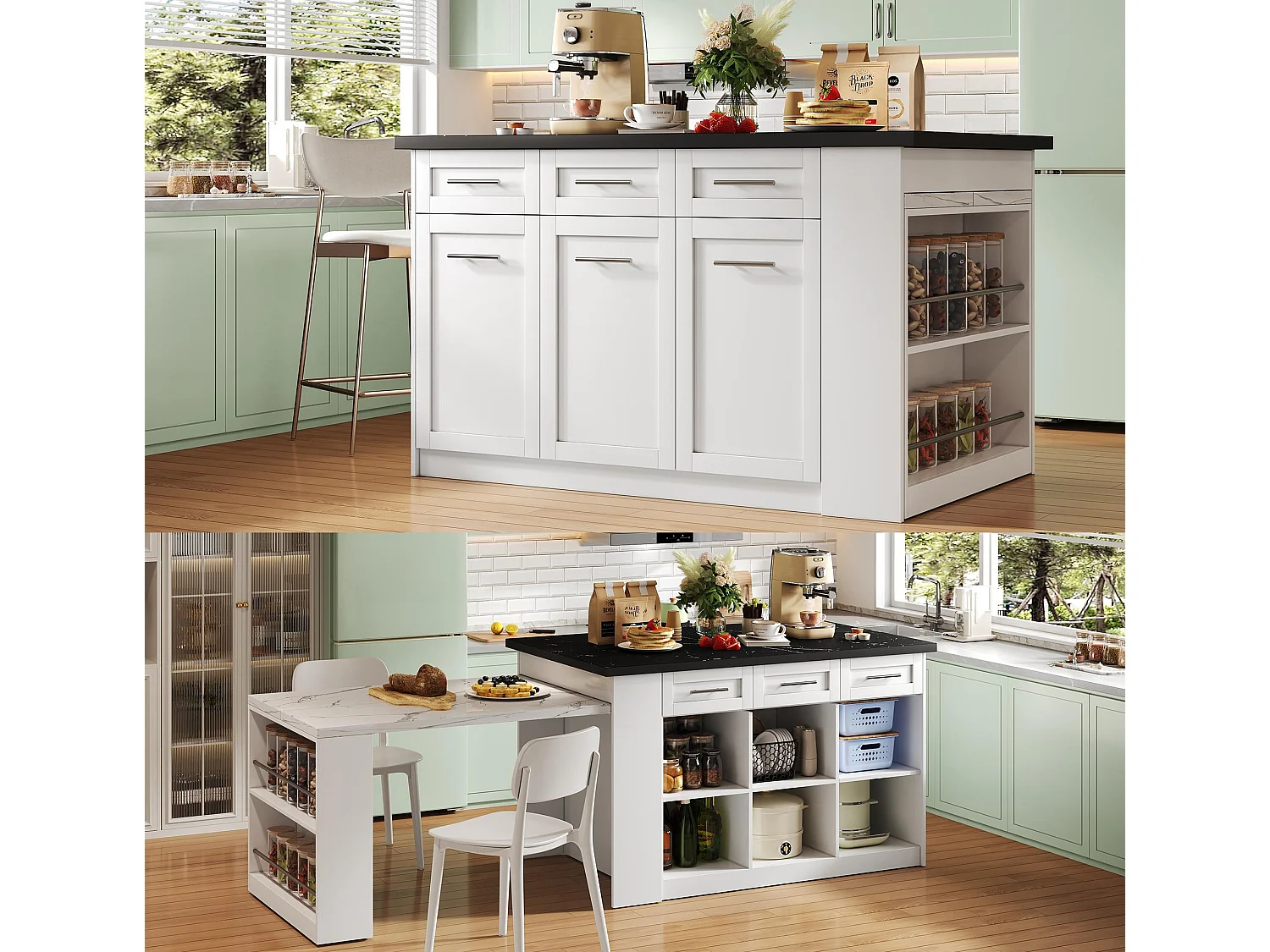 Ilot central de cuisine - avec 3 portes et 6 tiroirs - Plateau extensible - Étagères ouvertes - 2 à 6 personnes - Blanc+Noir