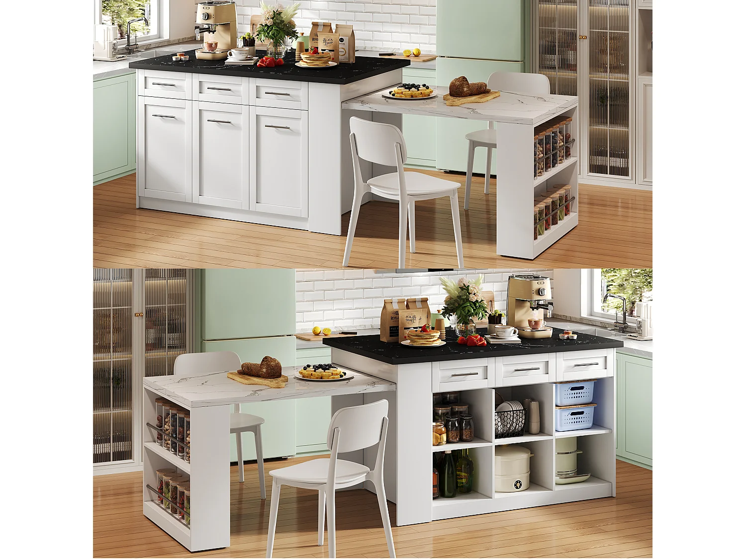 Ilot central de cuisine - avec 3 portes et 6 tiroirs - Plateau extensible - Étagères ouvertes - 2 à 6 personnes - Blanc+Noir