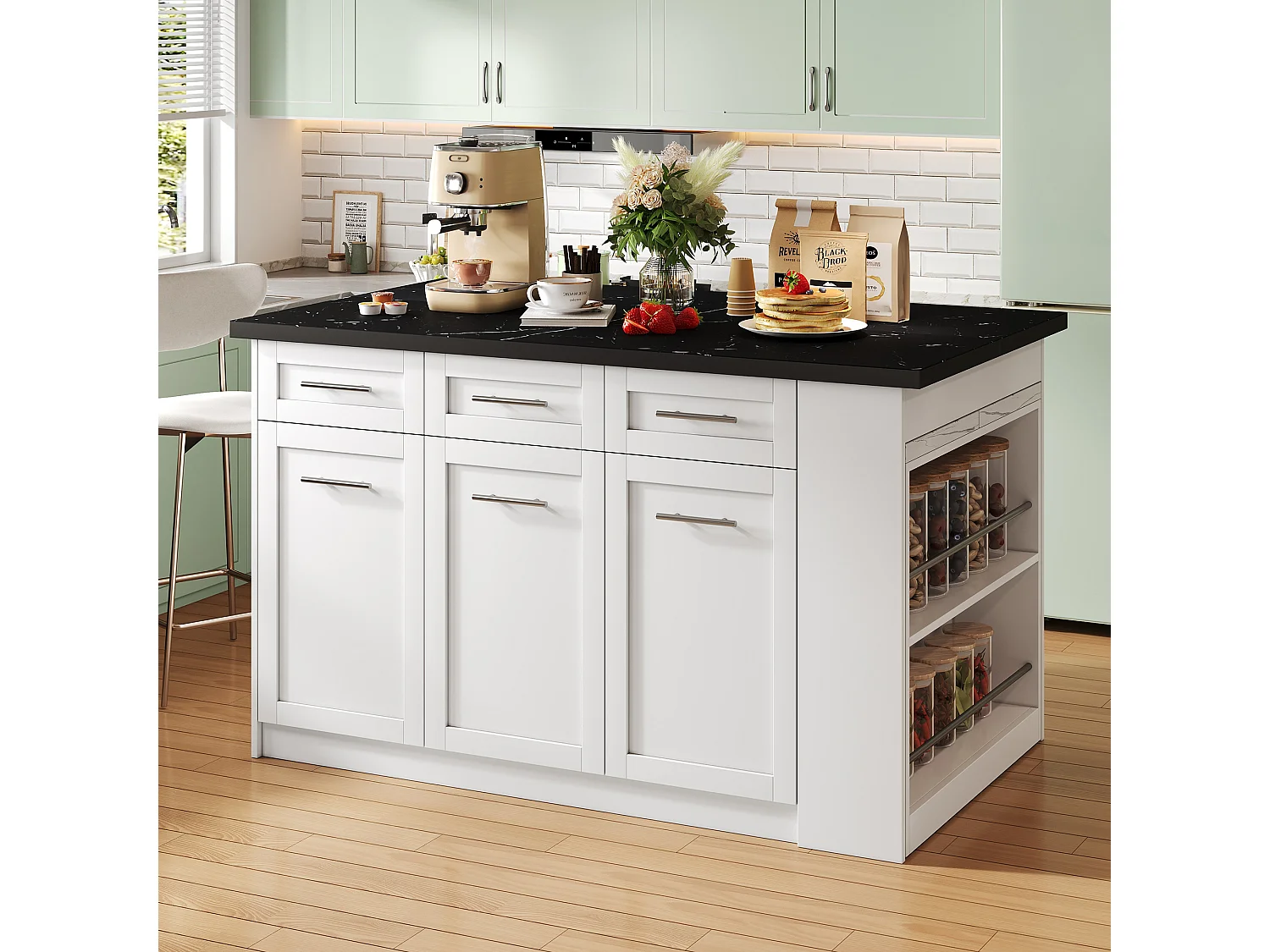 Ilot central de cuisine - avec 3 portes et 6 tiroirs - Plateau extensible - Étagères ouvertes - 2 à 6 personnes - Blanc+Noir