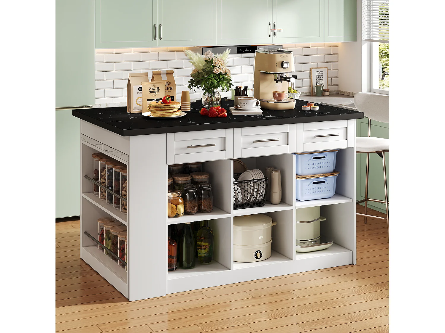 Ilot central de cuisine - avec 3 portes et 6 tiroirs - Plateau extensible - Étagères ouvertes - 2 à 6 personnes - Blanc+Noir