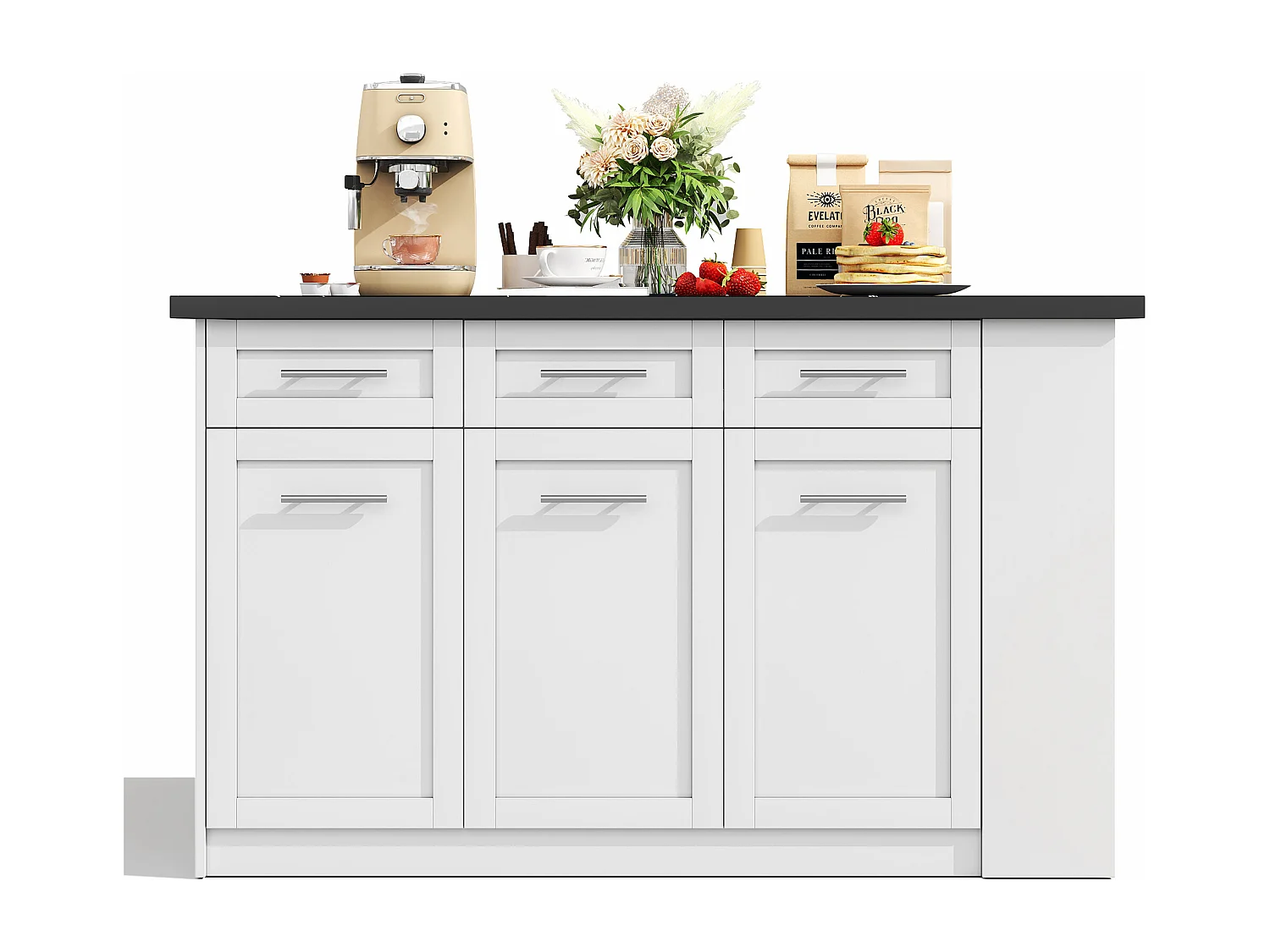 Ilot central de cuisine - avec 3 portes et 6 tiroirs - Plateau extensible - Étagères ouvertes - 2 à 6 personnes - Blanc+Noir