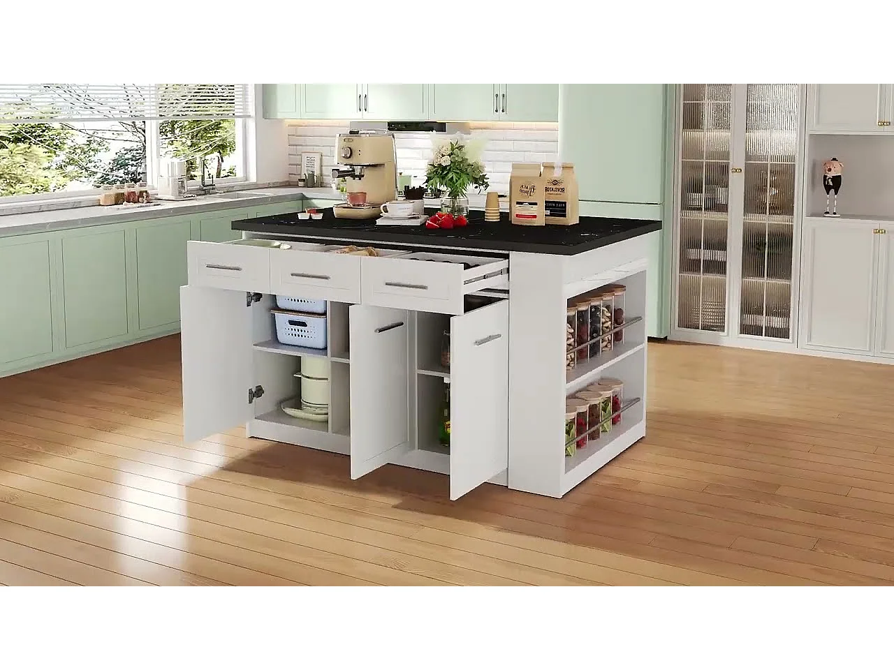 Ilot central de cuisine - avec 3 portes et 6 tiroirs - Plateau extensible - Étagères ouvertes - 2 à 6 personnes - Blanc+Noir