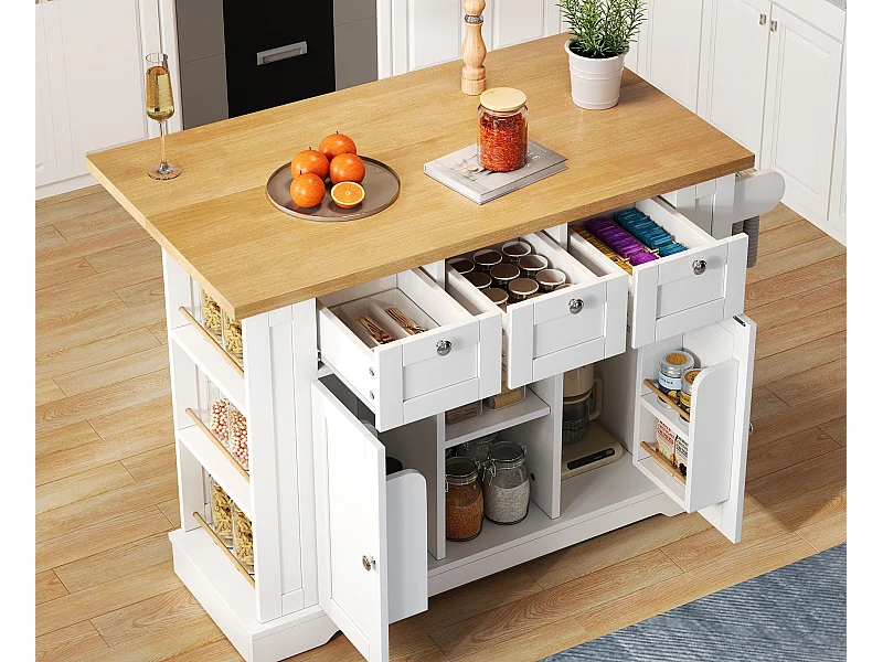Ilot central de cuisine mobile - avec USB - plateau extensible - 3 tiroirs et 2 portes - avec porte-serviettes - MDF - Blanc