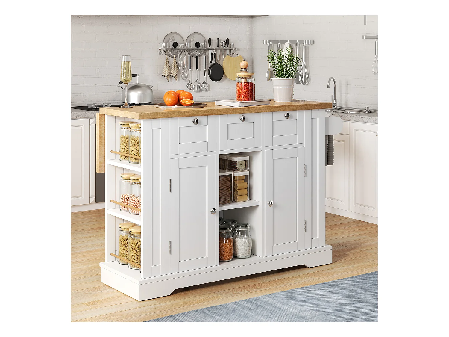 Ilot central de cuisine mobile - avec USB - plateau extensible - 3 tiroirs et 2 portes - avec porte-serviettes - MDF - Blanc