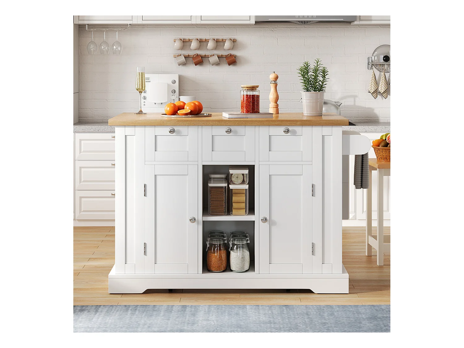 Ilot central de cuisine mobile - avec USB - plateau extensible - 3 tiroirs et 2 portes - avec porte-serviettes - MDF - Blanc