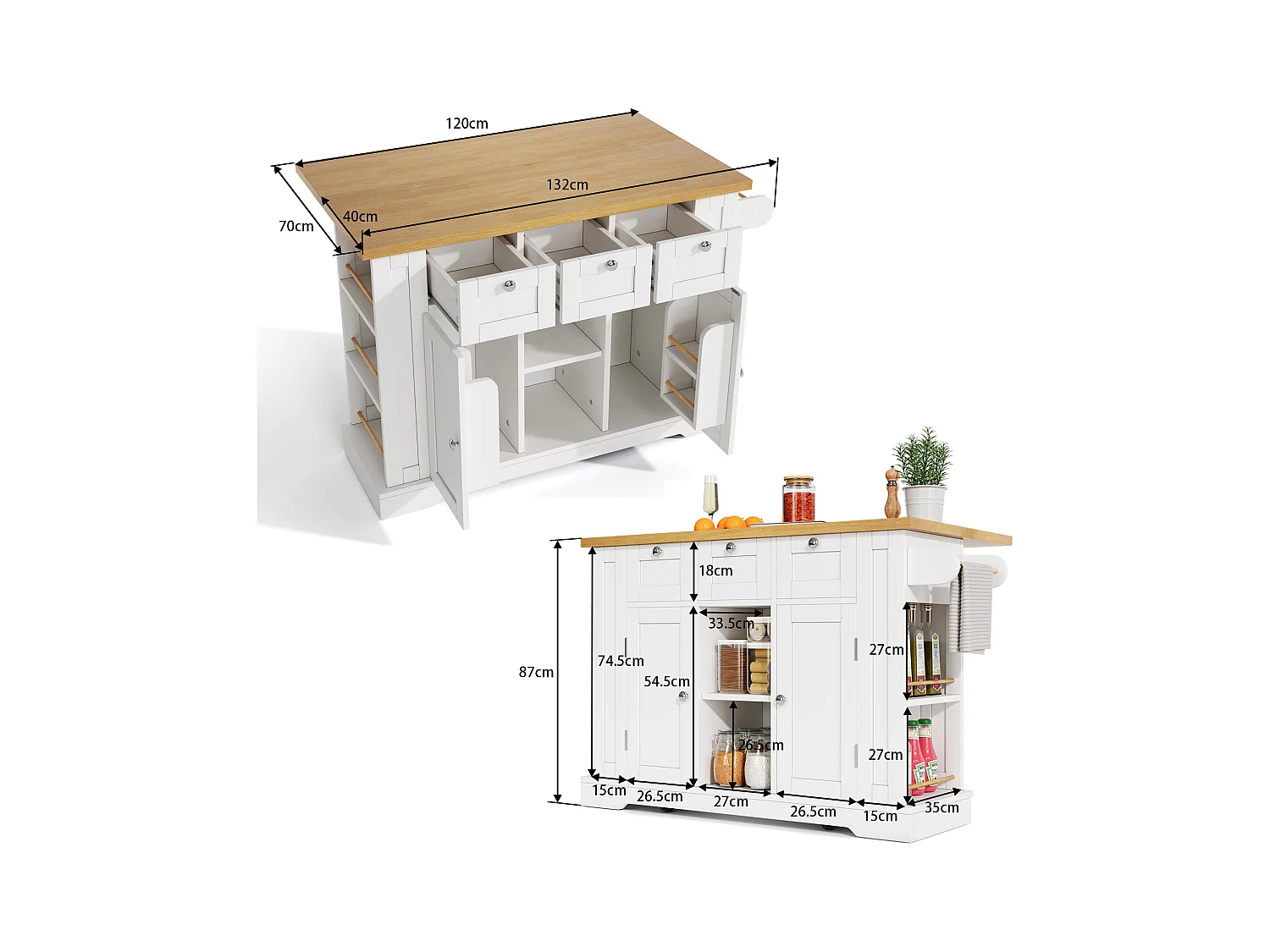 Ilot central de cuisine mobile - avec USB - plateau extensible - 3 tiroirs et 2 portes - avec porte-serviettes - MDF - Blanc