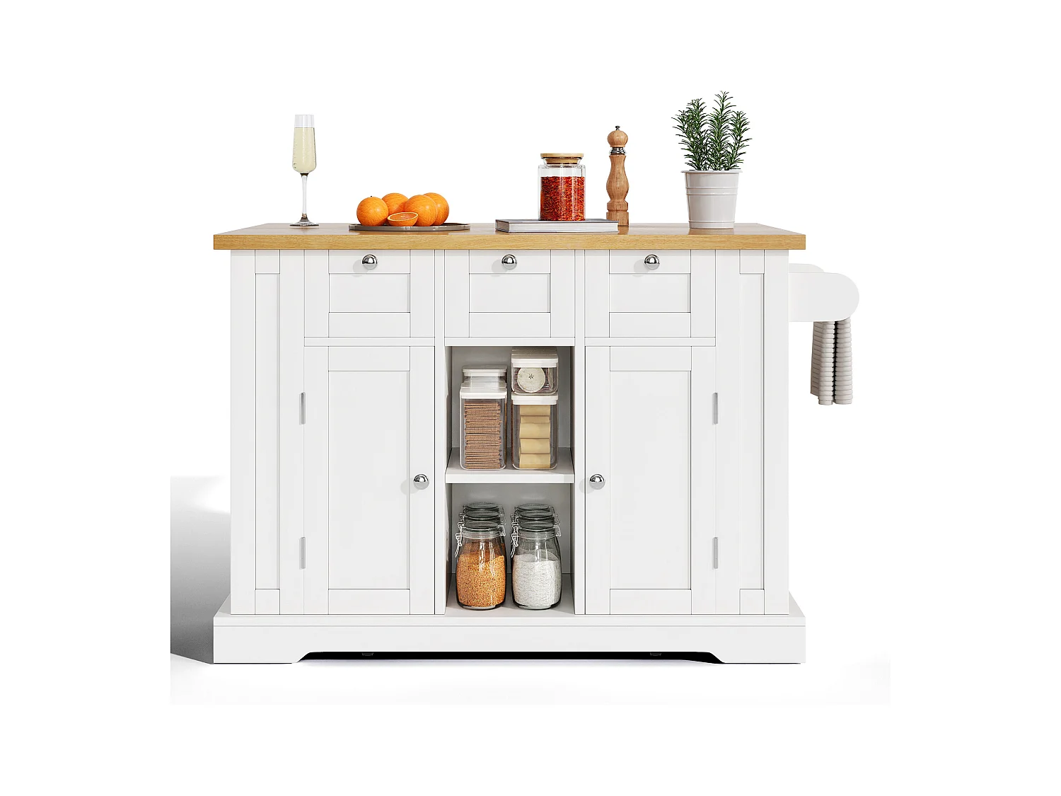 Ilot central de cuisine mobile - avec USB - plateau extensible - 3 tiroirs et 2 portes - avec porte-serviettes - MDF - Blanc