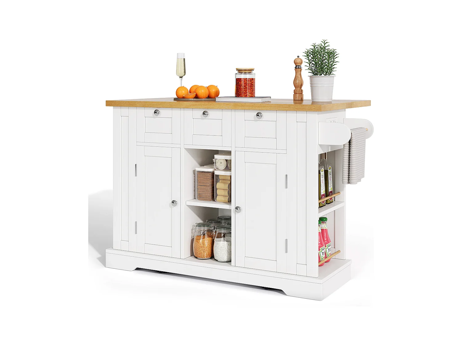 Ilot central de cuisine mobile - avec USB - plateau extensible - 3 tiroirs et 2 portes - avec porte-serviettes - MDF - Blanc