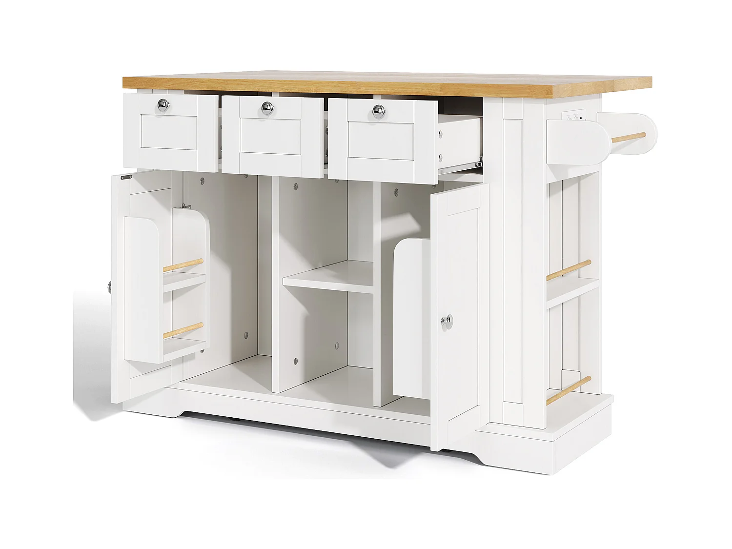 Ilot central de cuisine mobile - avec USB - plateau extensible - 3 tiroirs et 2 portes - avec porte-serviettes - MDF - Blanc