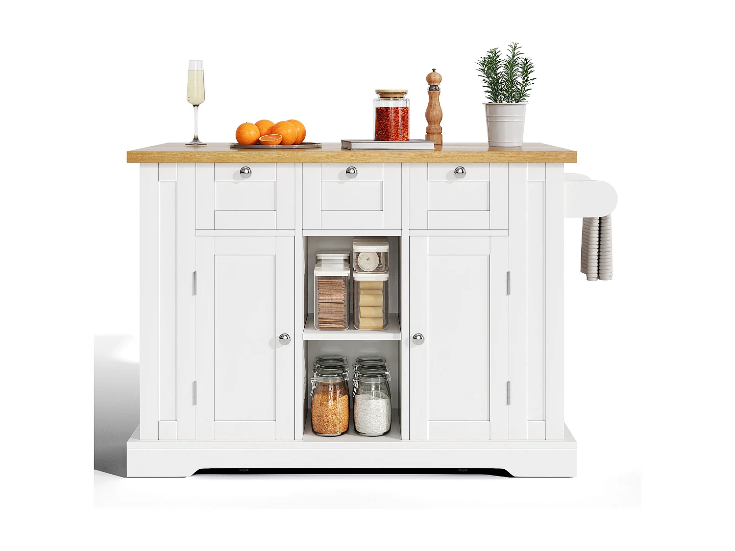 Verrijdbaar keukeneiland - met USB - uitschuifbaar werkblad - 3 laden en 2 deuren - met handdoekrek - MDF - wit