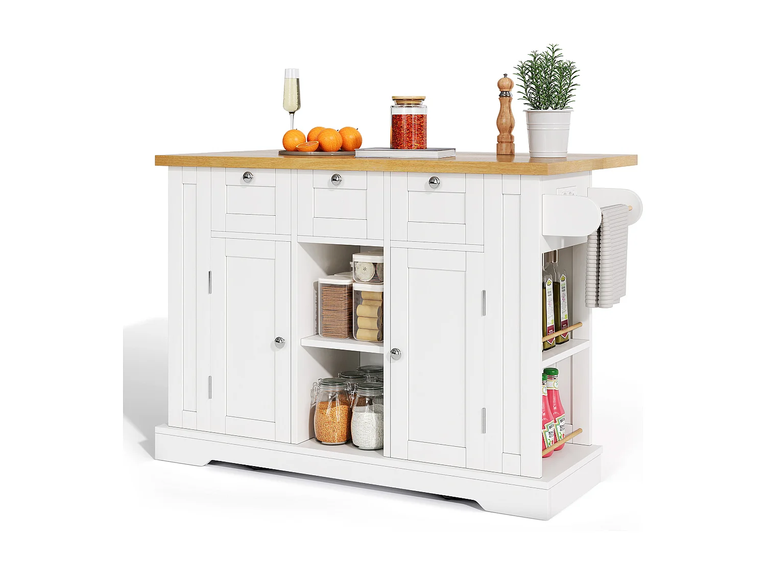 Verrijdbaar keukeneiland - met USB - uitschuifbaar werkblad - 3 laden en 2 deuren - met handdoekrek - MDF - wit