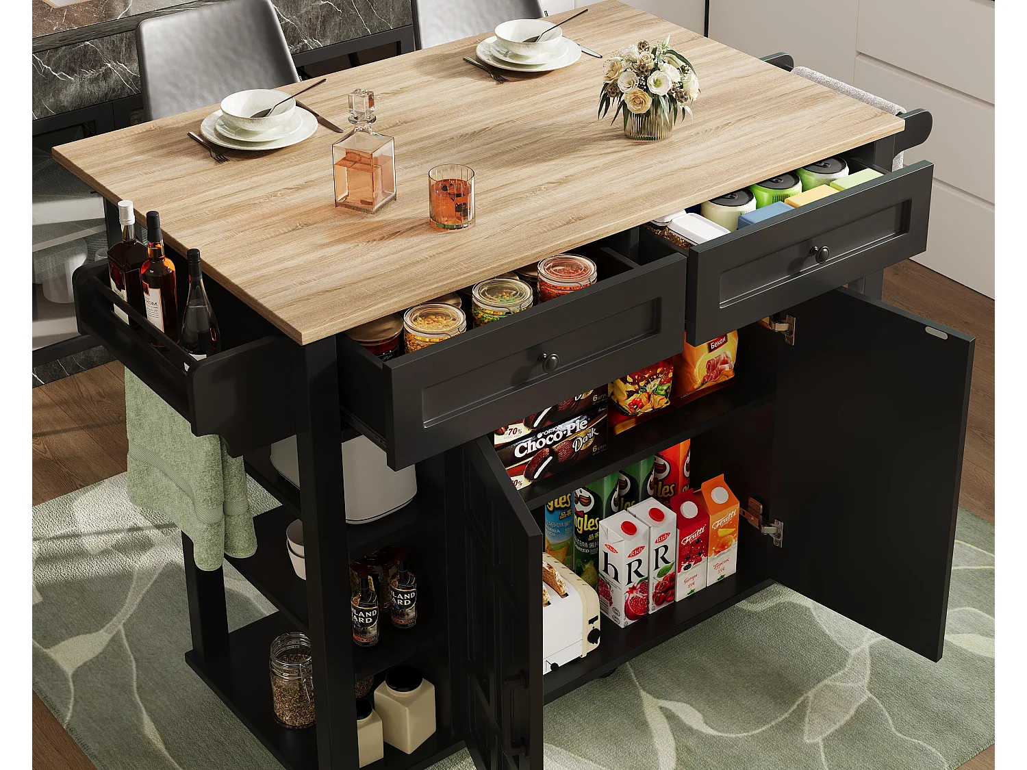 Isola cucina mobile - piano estendibile - 2 cassetti e 2 ante - con portasciugamani - MDF - nero + naturale