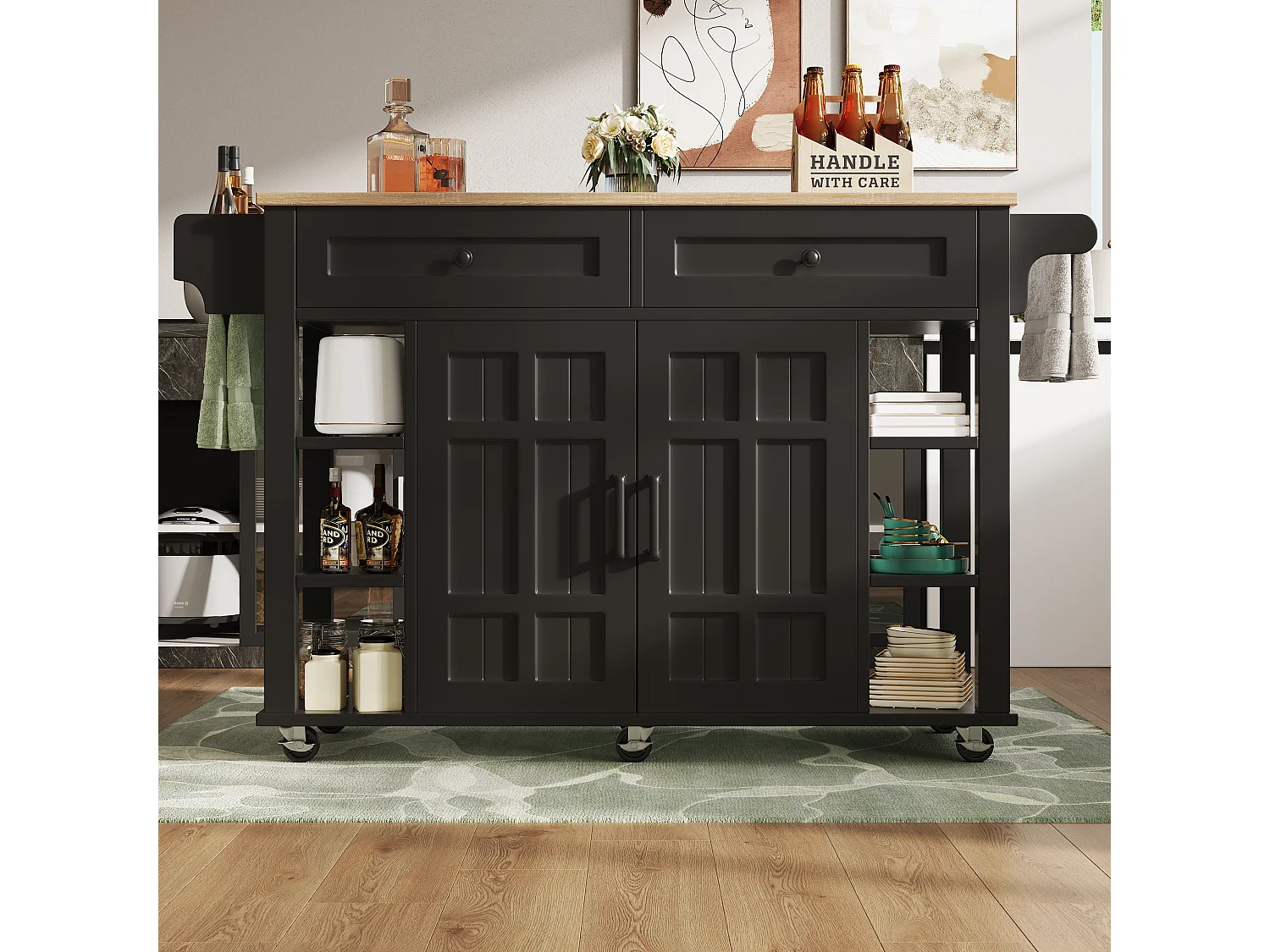 Isola cucina mobile - piano estendibile - 2 cassetti e 2 ante - con portasciugamani - MDF - nero + naturale