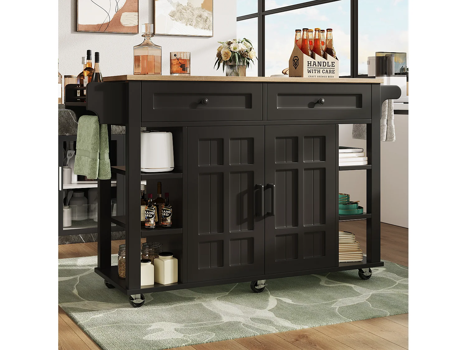 Isola cucina mobile - piano estendibile - 2 cassetti e 2 ante - con portasciugamani - MDF - nero + naturale