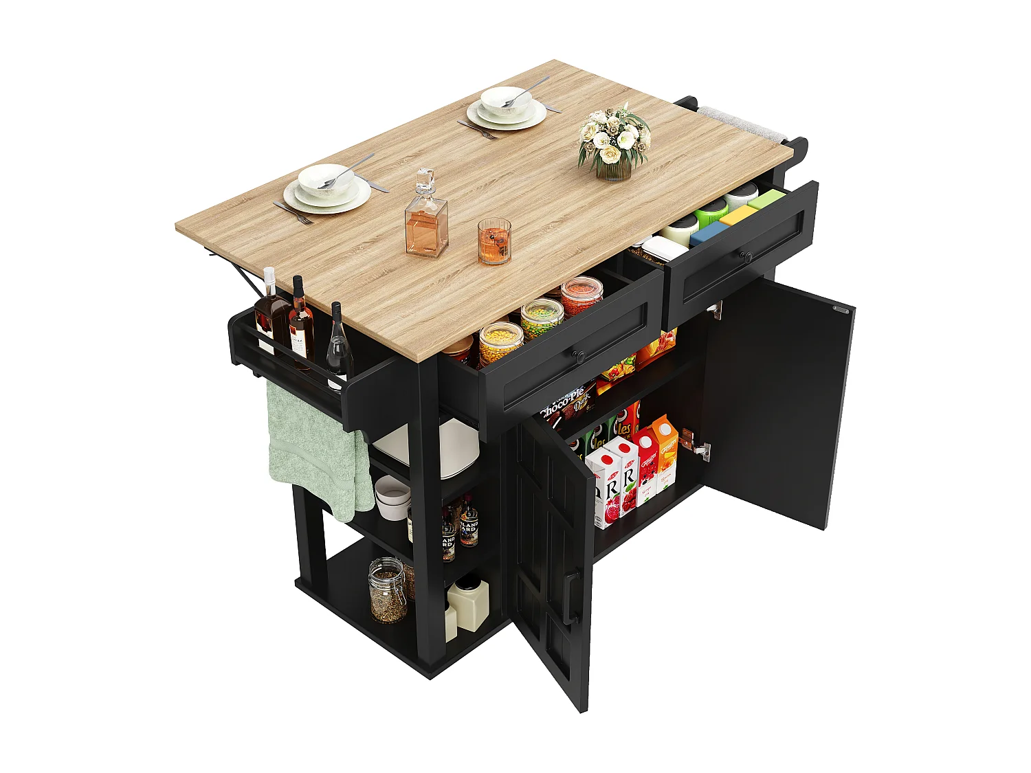 Isola cucina mobile - piano estendibile - 2 cassetti e 2 ante - con portasciugamani - MDF - nero + naturale