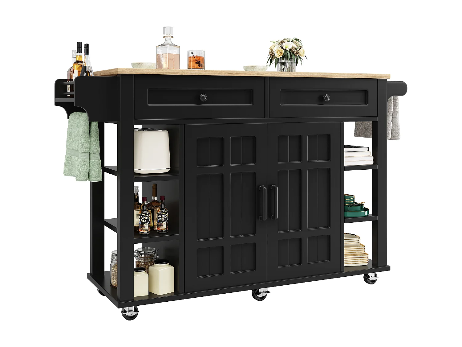 Isola cucina mobile - piano estendibile - 2 cassetti e 2 ante - con portasciugamani - MDF - nero + naturale