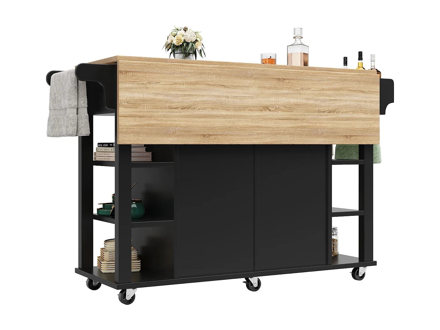 Isola cucina mobile - piano estendibile - 2 cassetti e 2 ante - con portasciugamani - MDF - nero + naturale