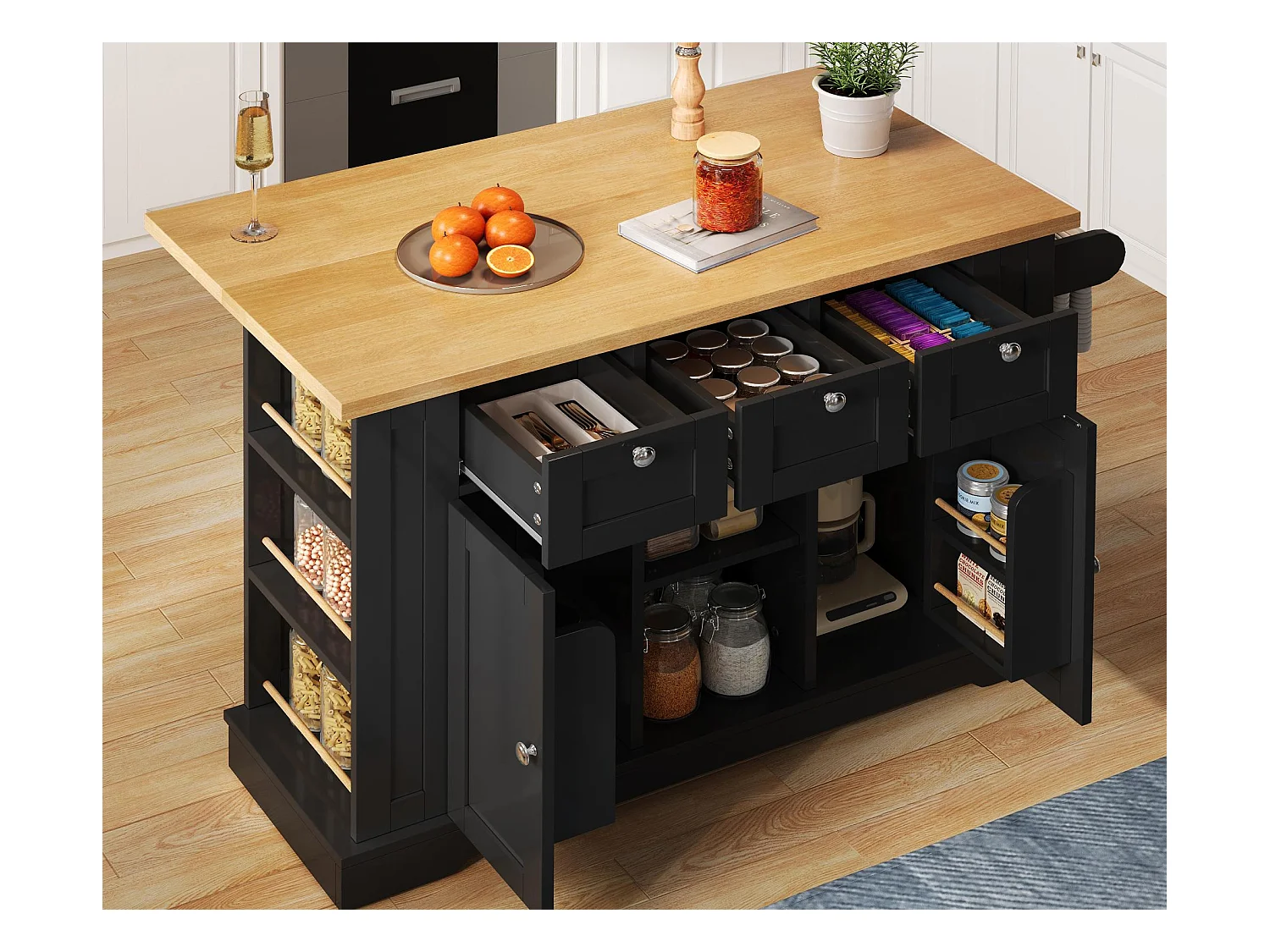 Ilot central de cuisine mobile - avec USB - plateau extensible - 3 tiroirs et 2 portes - avec porte-serviettes - MDF - Noir