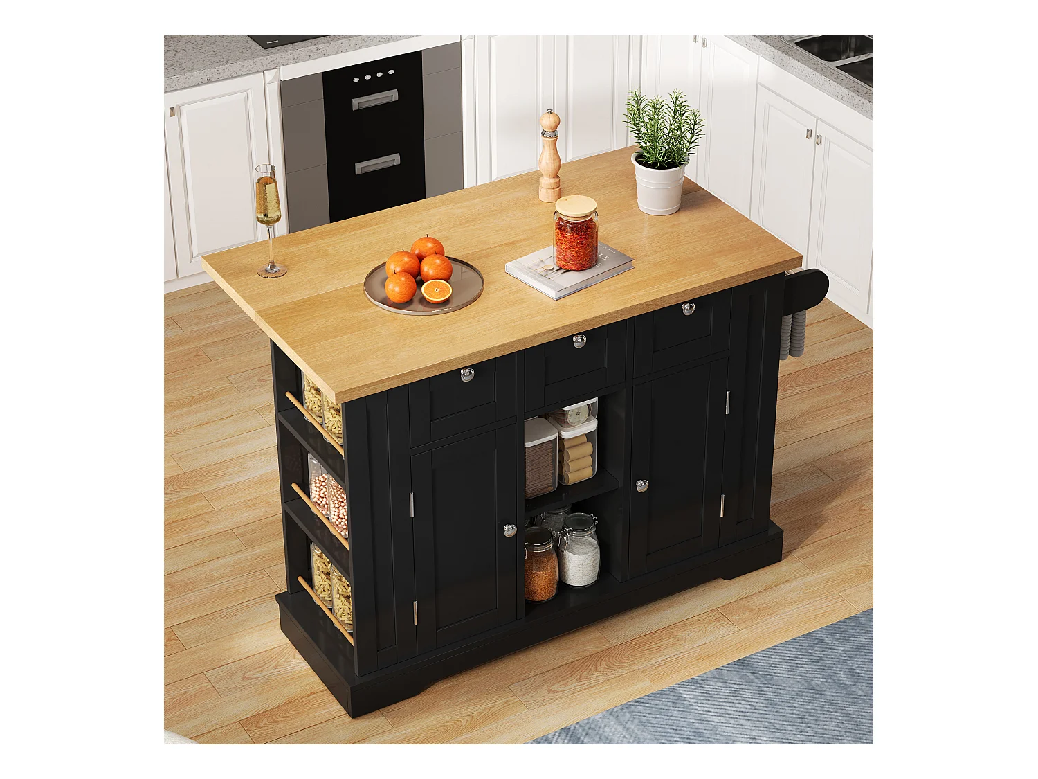 Ilot central de cuisine mobile - avec USB - plateau extensible - 3 tiroirs et 2 portes - avec porte-serviettes - MDF - Noir