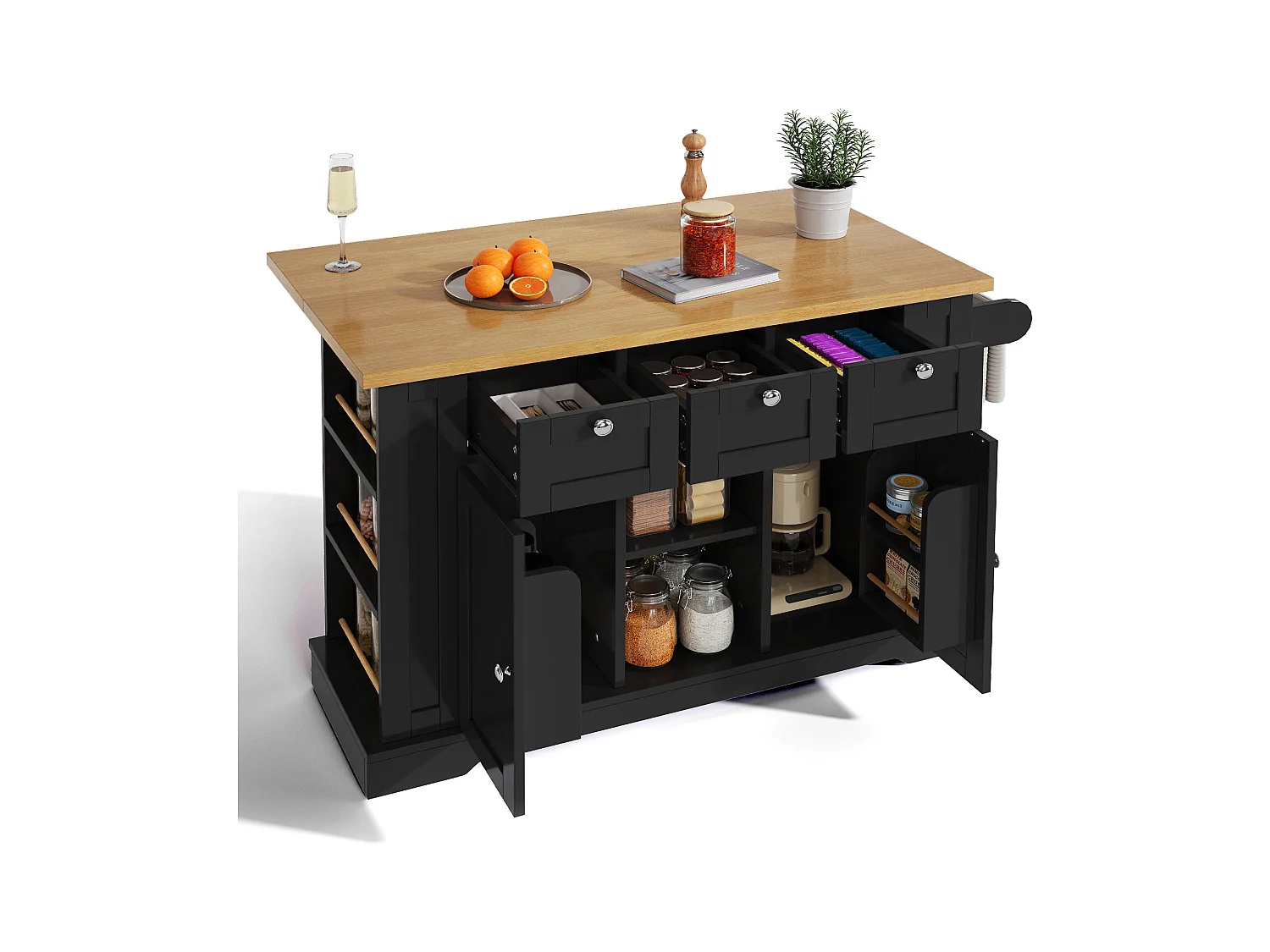 Ilot central de cuisine mobile - avec USB - plateau extensible - 3 tiroirs et 2 portes - avec porte-serviettes - MDF - Noir