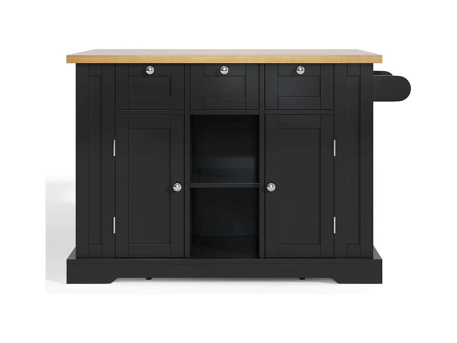 Ilot central de cuisine mobile - avec USB - plateau extensible - 3 tiroirs et 2 portes - avec porte-serviettes - MDF - Noir