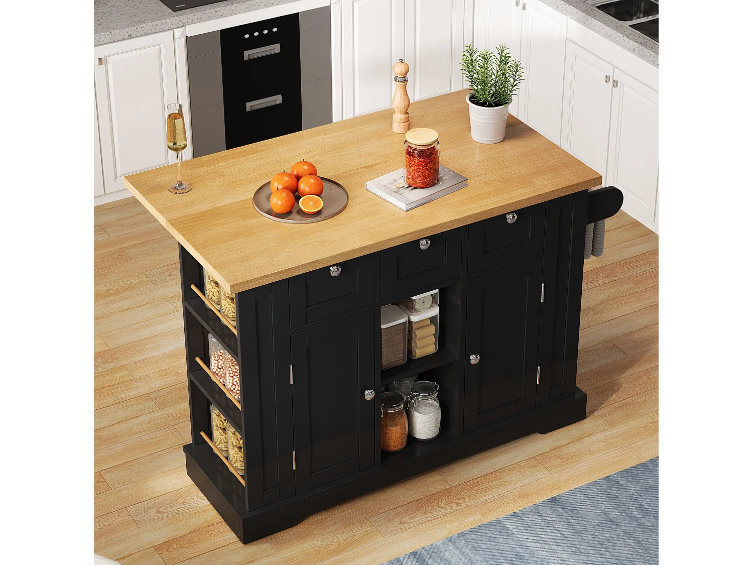 Ilot central de cuisine mobile - avec USB - plateau extensible - 3 tiroirs et 2 portes - avec porte-serviettes - MDF - Noir