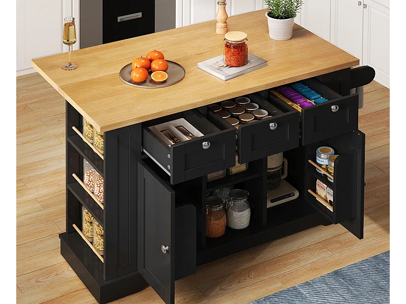 Ilot central de cuisine mobile - avec USB - plateau extensible - 3 tiroirs et 2 portes - avec porte-serviettes - MDF - Noir