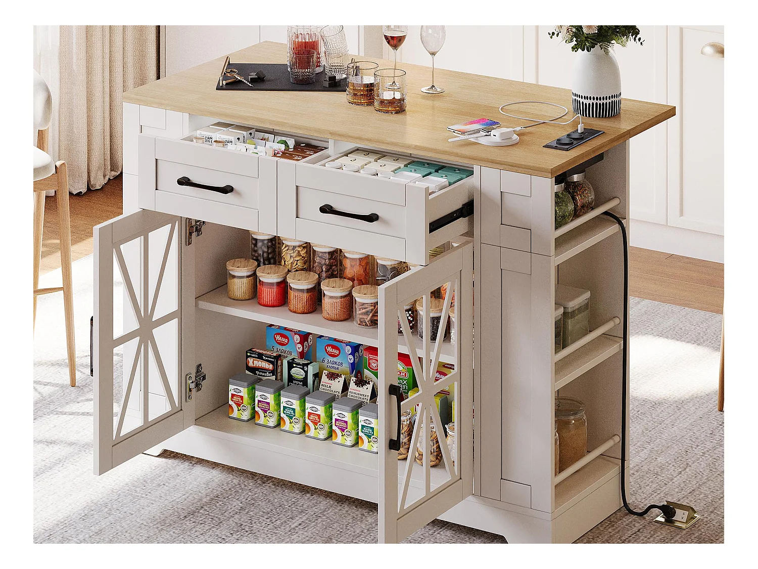 Ilot central de cuisine mobile - avec USB - plateau extensible - 2 tiroirs et 2 portes - MDF - Blanc
