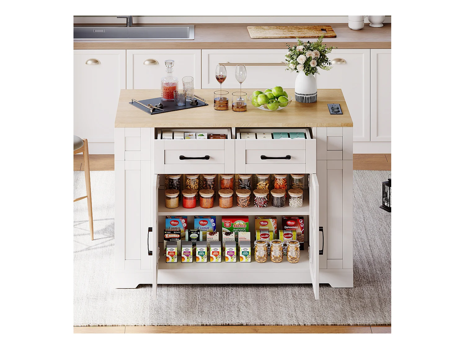 Ilot central de cuisine mobile - avec USB - plateau extensible - 2 tiroirs et 2 portes - MDF - Blanc