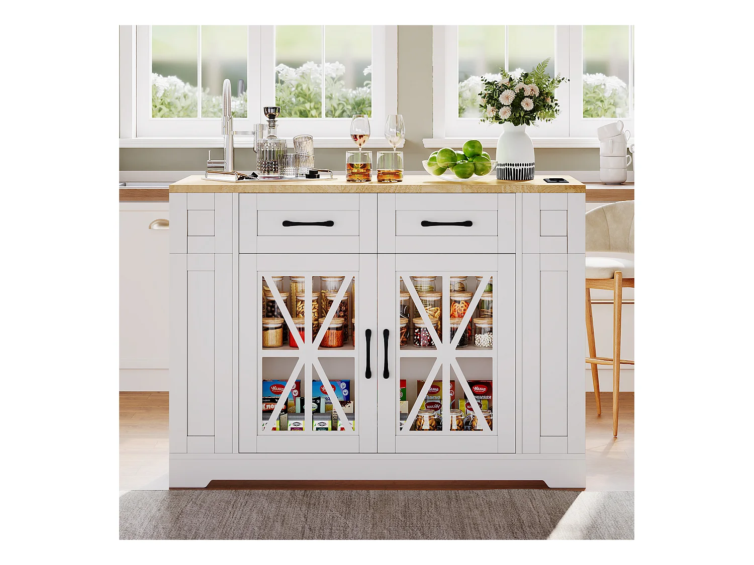 Ilot central de cuisine mobile - avec USB - plateau extensible - 2 tiroirs et 2 portes - MDF - Blanc