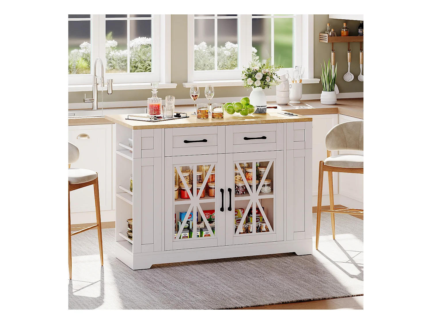 Ilot central de cuisine mobile - avec USB - plateau extensible - 2 tiroirs et 2 portes - MDF - Blanc