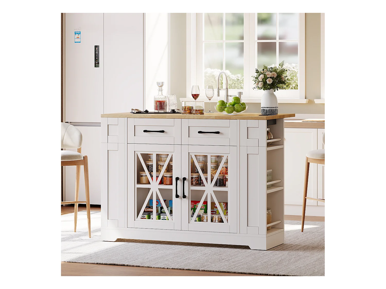 Ilot central de cuisine mobile - avec USB - plateau extensible - 2 tiroirs et 2 portes - MDF - Blanc