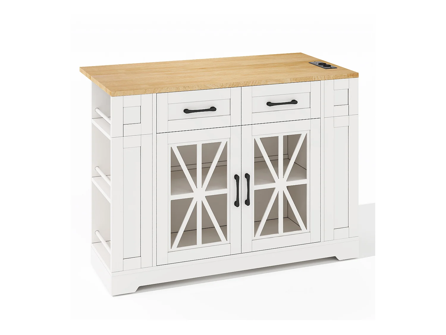 Ilot central de cuisine mobile - avec USB - plateau extensible - 2 tiroirs et 2 portes - MDF - Blanc