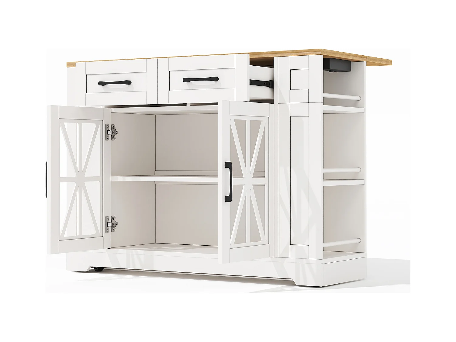 Ilot central de cuisine mobile - avec USB - plateau extensible - 2 tiroirs et 2 portes - MDF - Blanc