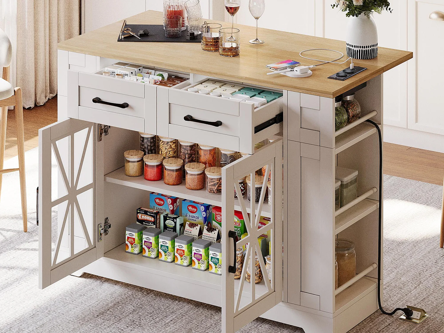 Isola cucina mobile - con USB - piano estendibile - 2 cassetti e 2 ante - MDF - bianco