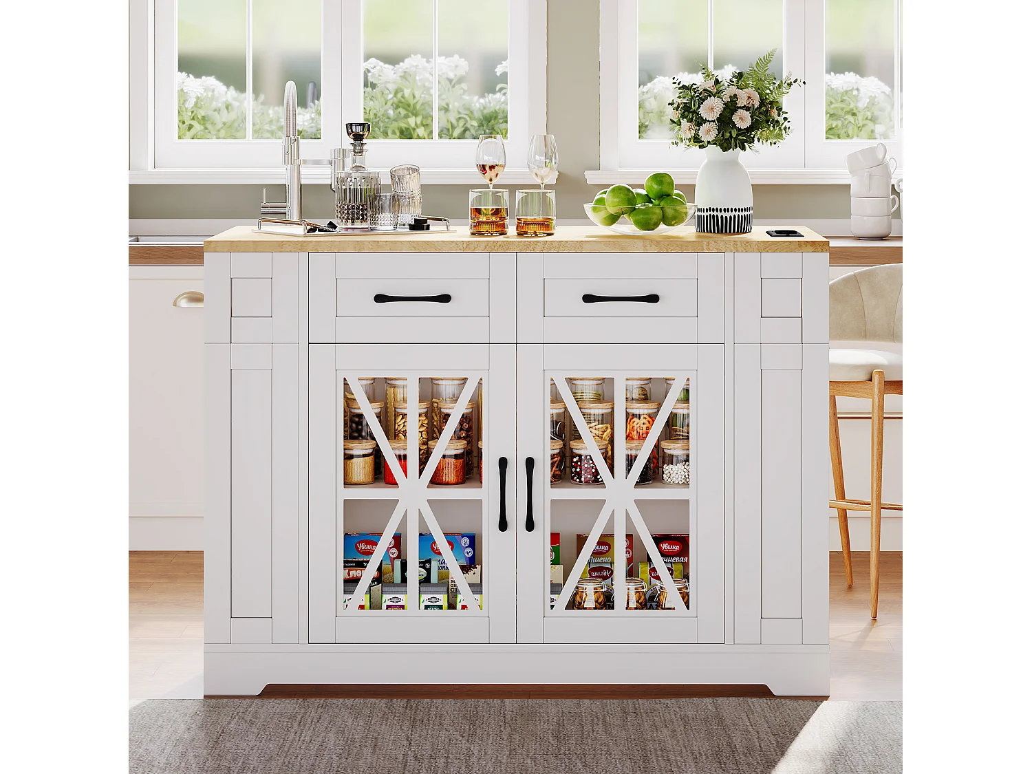 Isola cucina mobile - con USB - piano estendibile - 2 cassetti e 2 ante - MDF - bianco