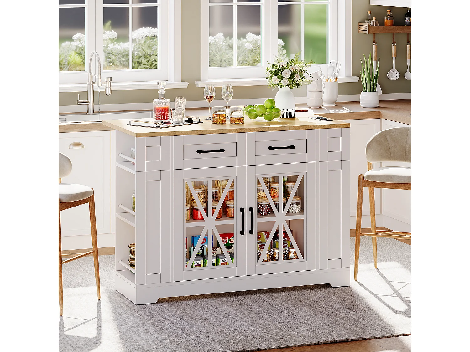 Isola cucina mobile - con USB - piano estendibile - 2 cassetti e 2 ante - MDF - bianco