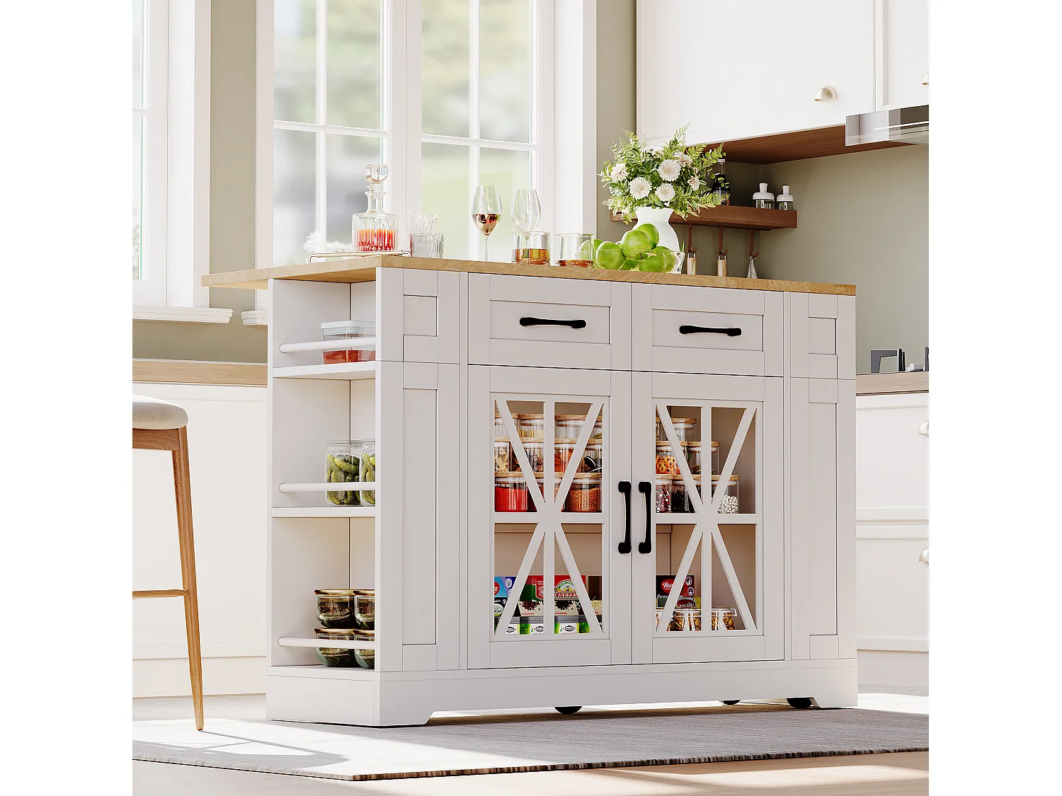 Isola cucina mobile - con USB - piano estendibile - 2 cassetti e 2 ante - MDF - bianco