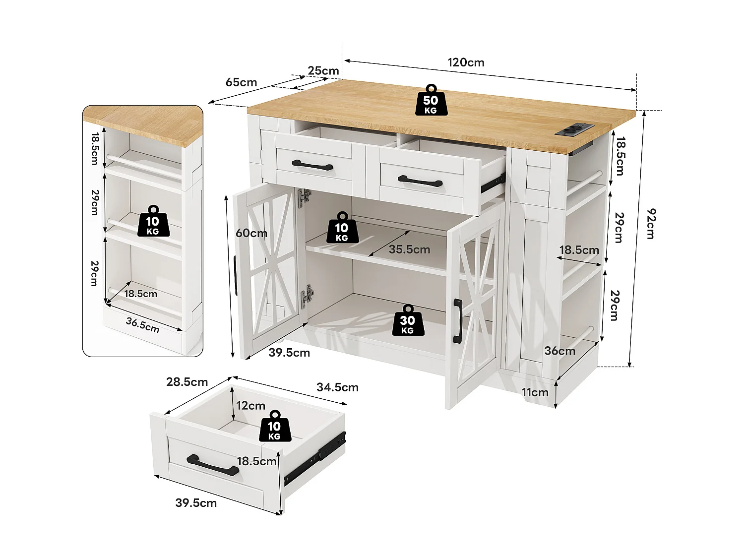 Isola cucina mobile - con USB - piano estendibile - 2 cassetti e 2 ante - MDF - bianco