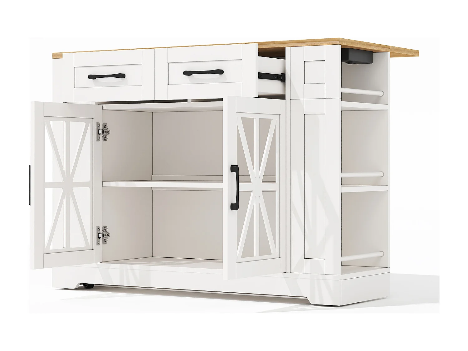 Isola cucina mobile - con USB - piano estendibile - 2 cassetti e 2 ante - MDF - bianco