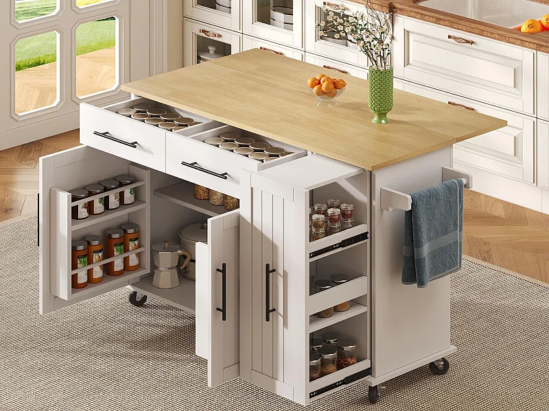 Ilot central de cuisine mobile - plateau extensible - 2 tiroirs et 2 portes - avec porte-serviettes - MDF - Blanc