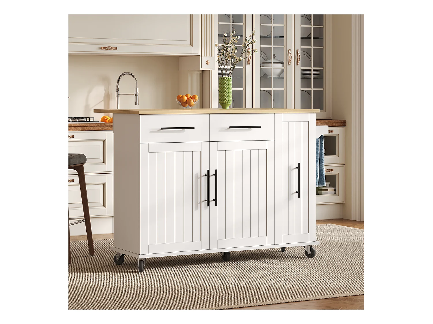 Ilot central de cuisine mobile - plateau extensible - 2 tiroirs et 2 portes - avec porte-serviettes - MDF - Blanc