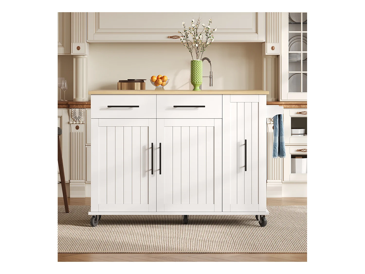 Ilot central de cuisine mobile - plateau extensible - 2 tiroirs et 2 portes - avec porte-serviettes - MDF - Blanc