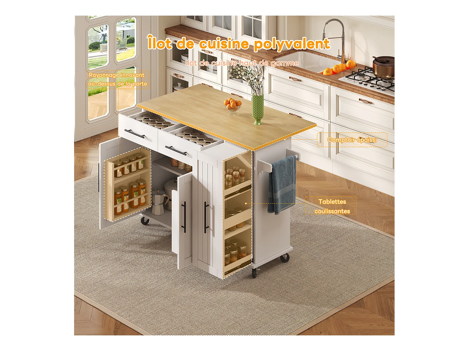 Ilot central de cuisine mobile - plateau extensible - 2 tiroirs et 2 portes - avec porte-serviettes - MDF - Blanc