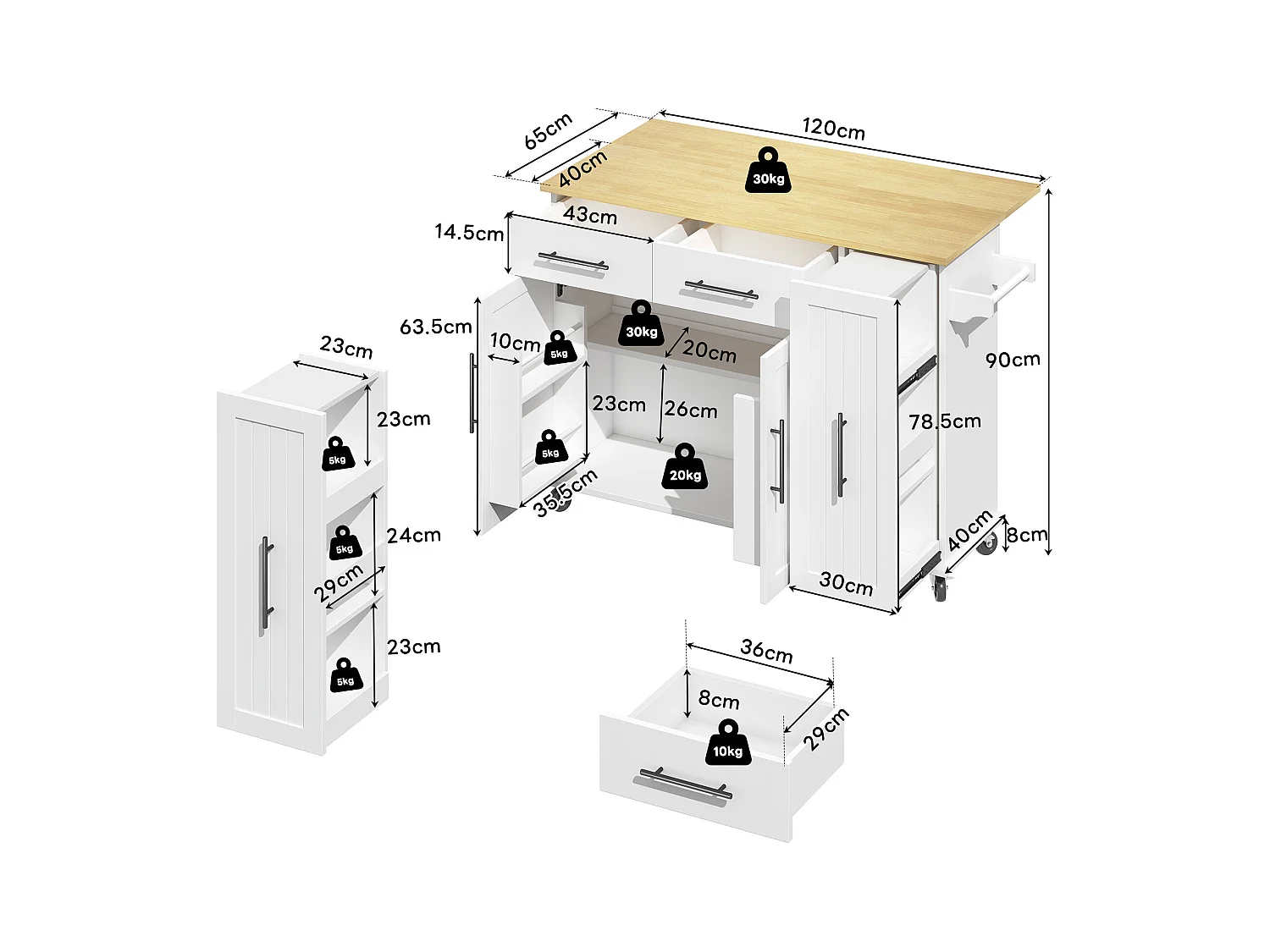 Ilot central de cuisine mobile - plateau extensible - 2 tiroirs et 2 portes - avec porte-serviettes - MDF - Blanc
