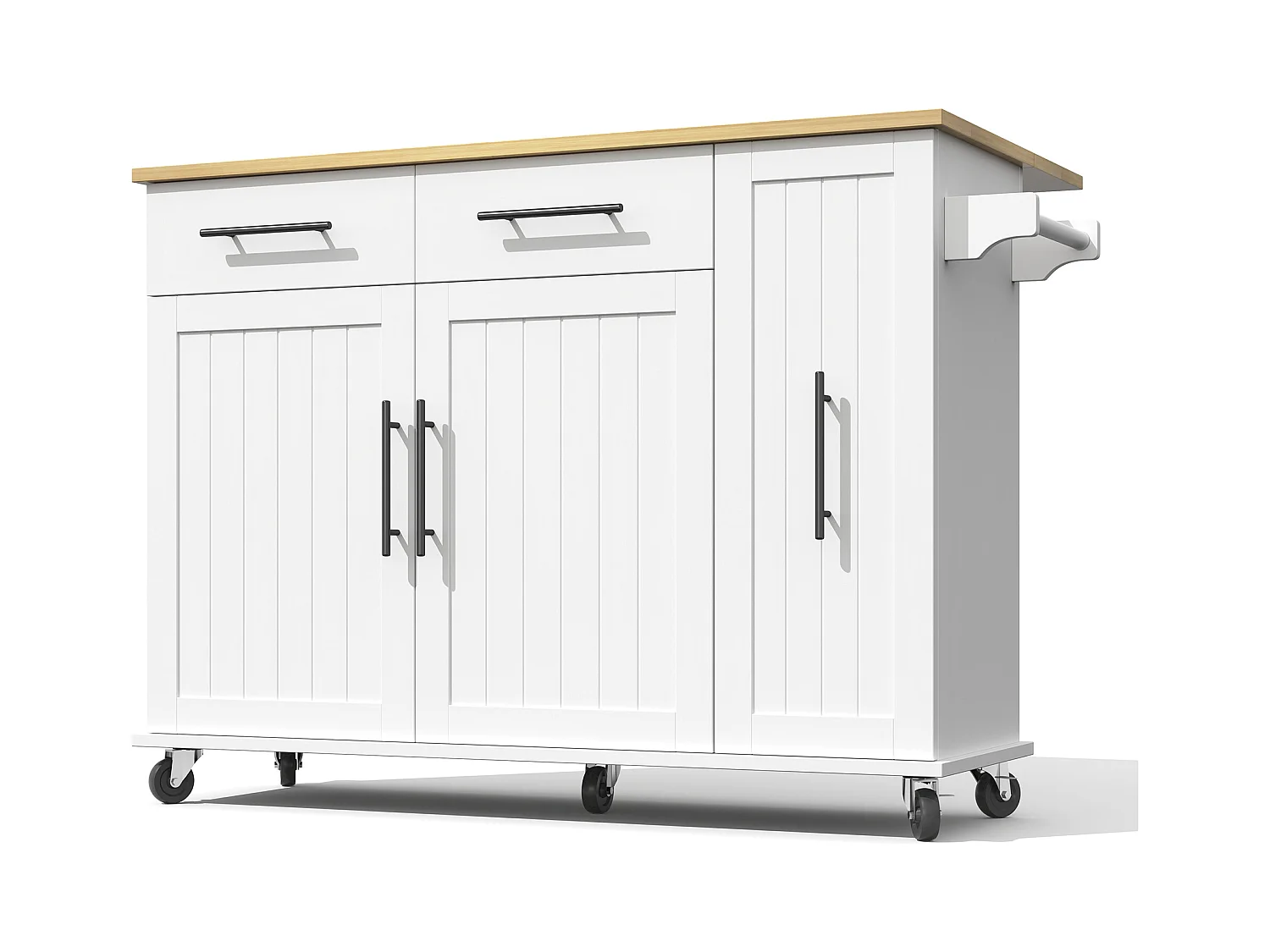 Ilot central de cuisine mobile - plateau extensible - 2 tiroirs et 2 portes - avec porte-serviettes - MDF - Blanc