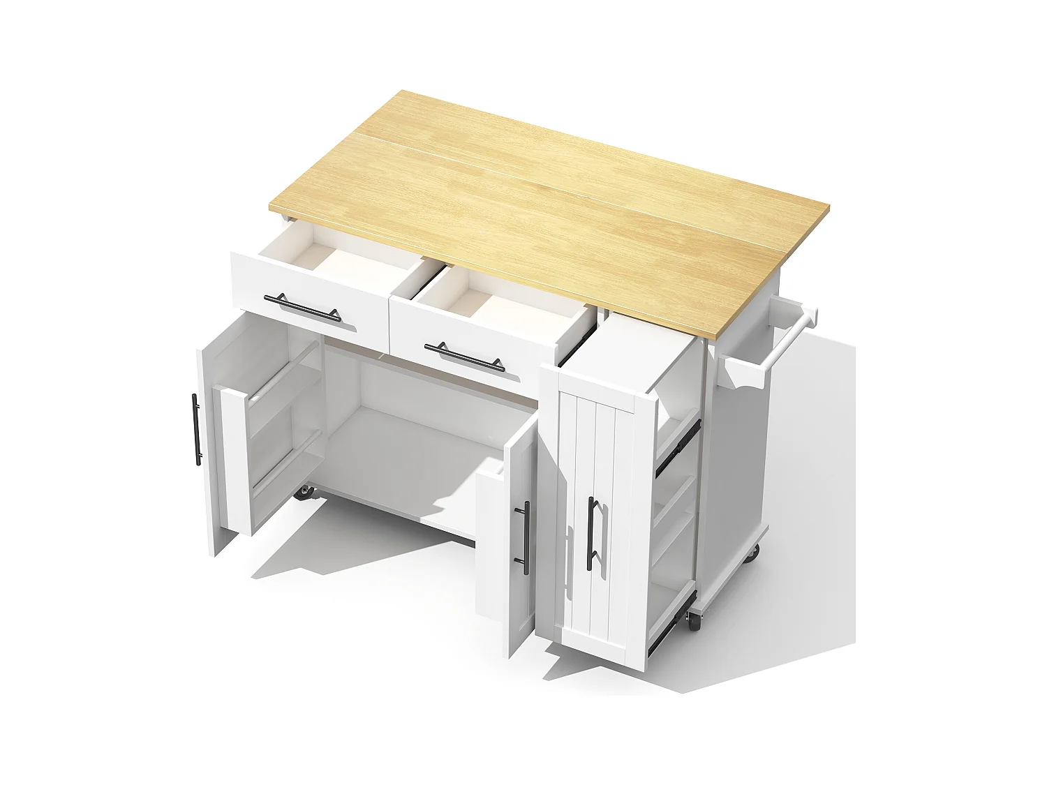 Ilot central de cuisine mobile - plateau extensible - 2 tiroirs et 2 portes - avec porte-serviettes - MDF - Blanc