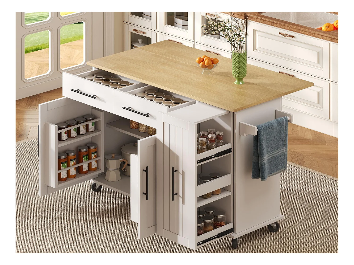 Ilot central de cuisine mobile - plateau extensible - 2 tiroirs et 2 portes - avec porte-serviettes - MDF - Blanc