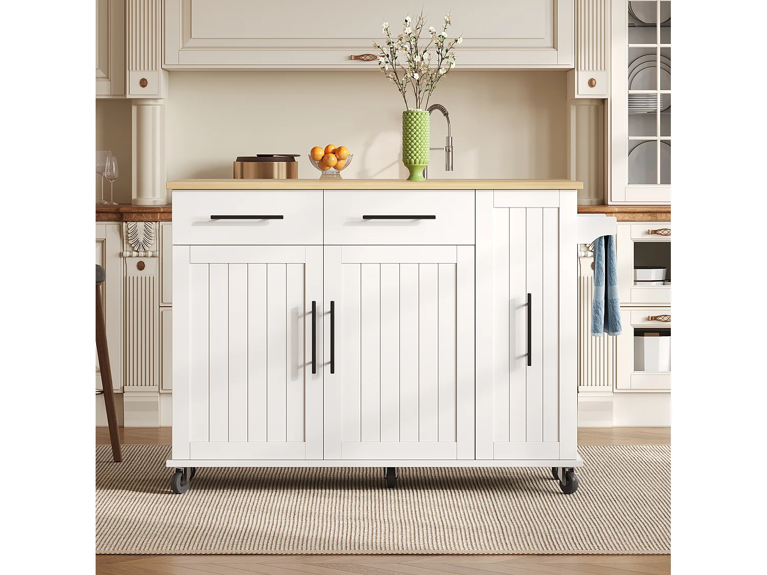 Isola cucina mobile - piano estendibile - 2 cassetti e 2 ante - con portasciugamani - MDF - bianco + naturale